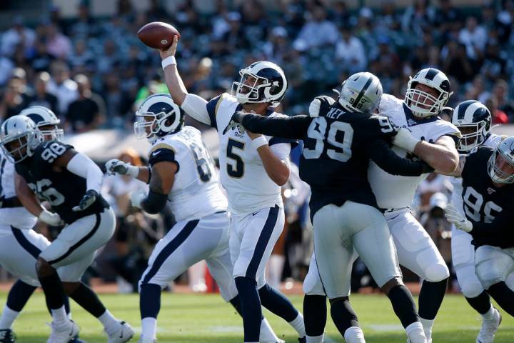 Los Angeles Rams' Blake Bortles throws a pass against the Oakland Raiders during the first half ...