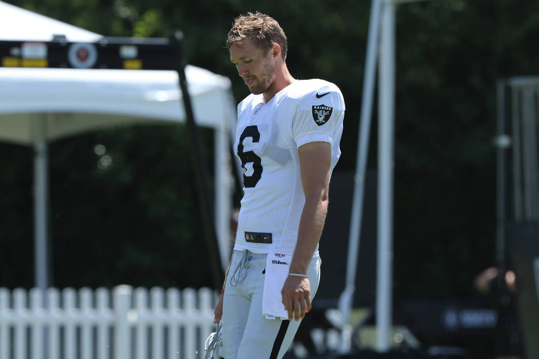 Oakland Raiders punter A.J. Cole (6) walks to the locker room after practice during the NFL tea ...