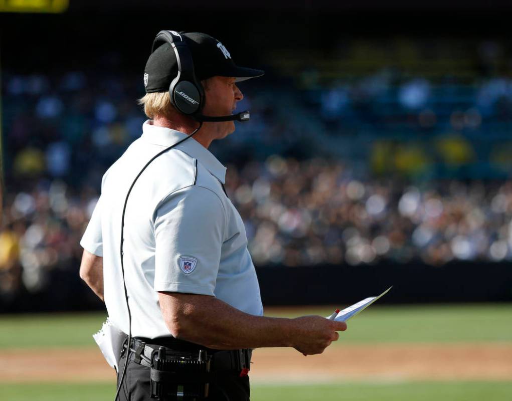 Oakland Raiders coach Jon Gruden during the first half of a preseason NFL football game against ...