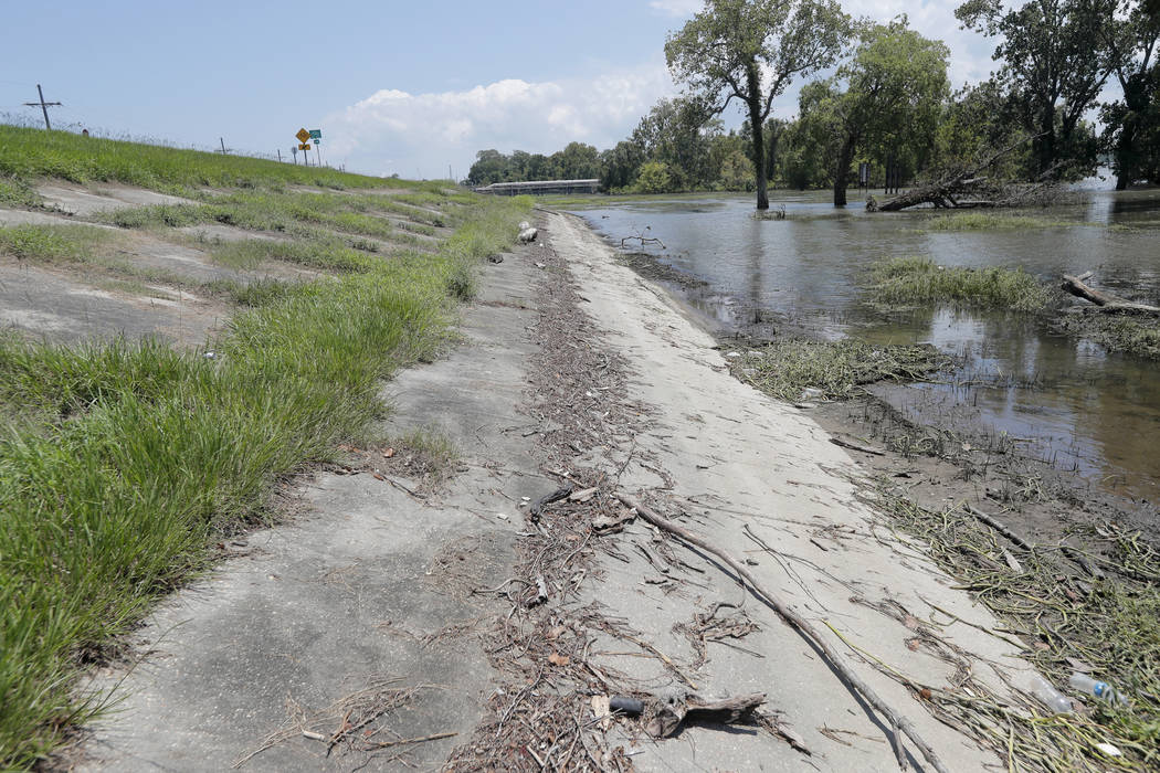 In this July 25, 2019 photo, water lines and receding water are seen on the backside of the Mis ...