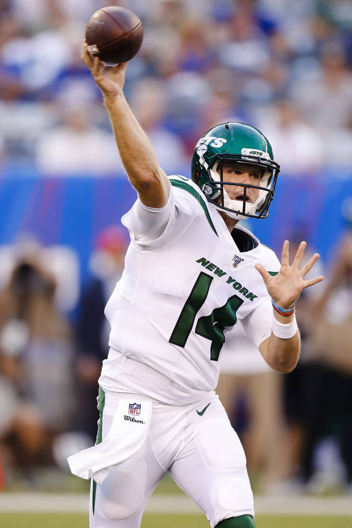 New York Jets quarterback Sam Darnold throws a pass during the first half of a preseason NFL fo ...