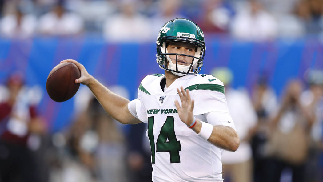 New York Jets quarterback Sam Darnold throws a pass during the first half of a preseason NFL fo ...