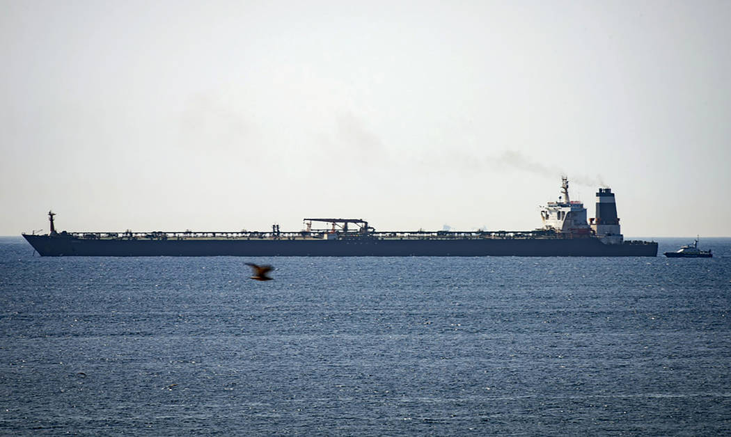 FILE - In this file photo dated Thursday, July 4, 2019, Grace 1 super tanker is anchored near a ...