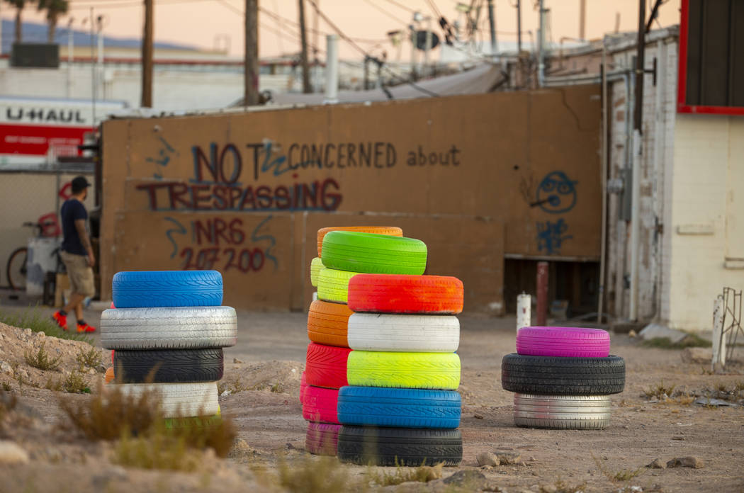 Seven Magic Tires art installation created by Ramiro Gomez and Justin Favela at 1000 N. Nellis ...