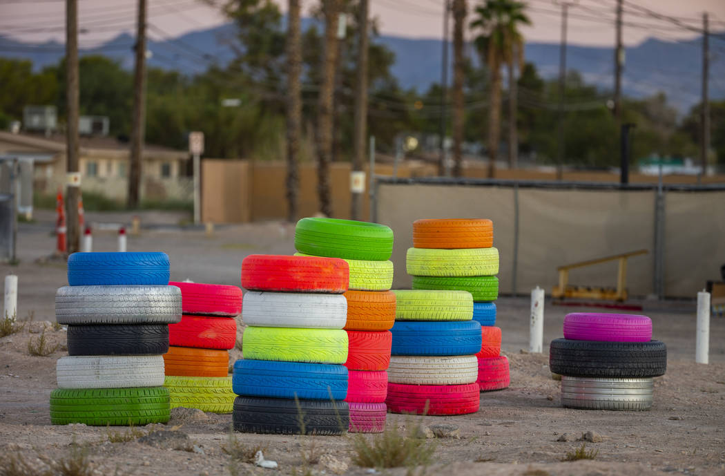 Seven Magic Tires art installation created by Ramiro Gomez and Justin Favela at 1000 N. Nellis ...