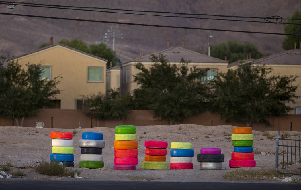 Seven Magic Tires art installation created by Ramiro Gomez and Justin Favela at 1000 N. Nellis ...