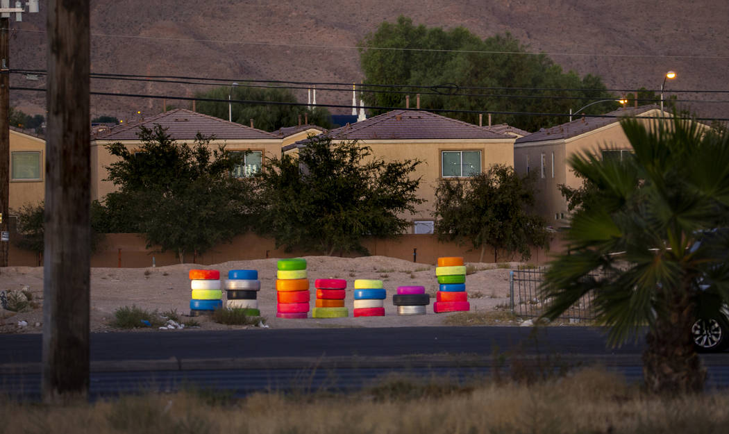 Seven Magic Tires art installation created by Ramiro Gomez and Justin Favela at 1000 N. Nellis ...