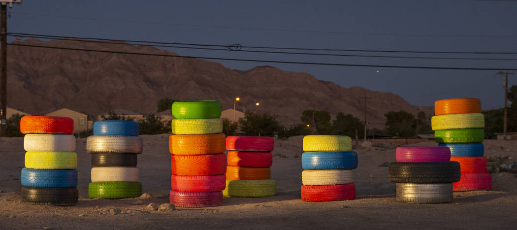 Seven Magic Tires art installation created by Ramiro Gomez and Justin Favela at 1000 N. Nellis ...