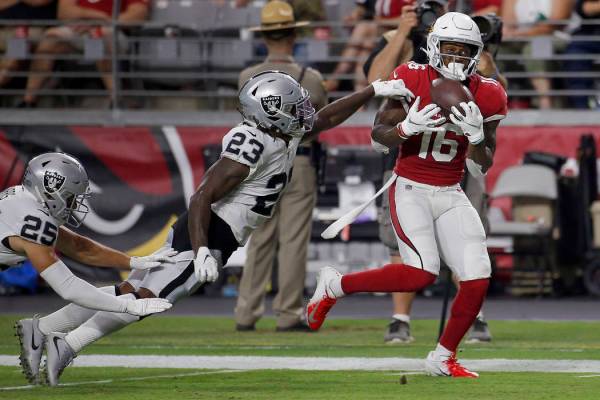 Arizona Cardinals wide receiver Trent Sherfield (16) pulls in a touchdown catch as Oakland Raid ...
