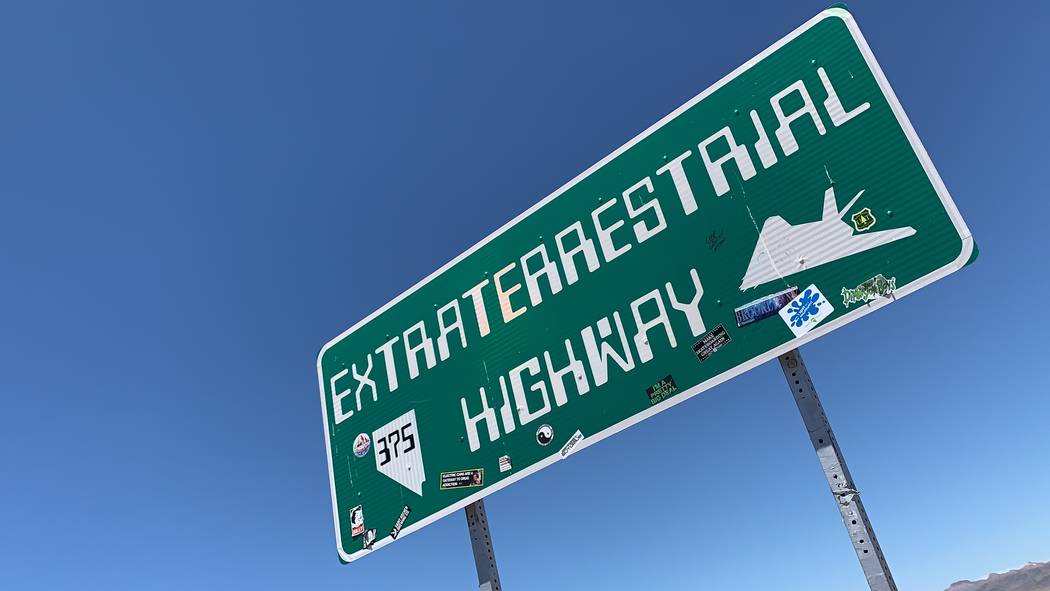 The Extraterrestrial Highway sign is seen along State Route 375 in Rachel, NV, on July 16, 2019 ...