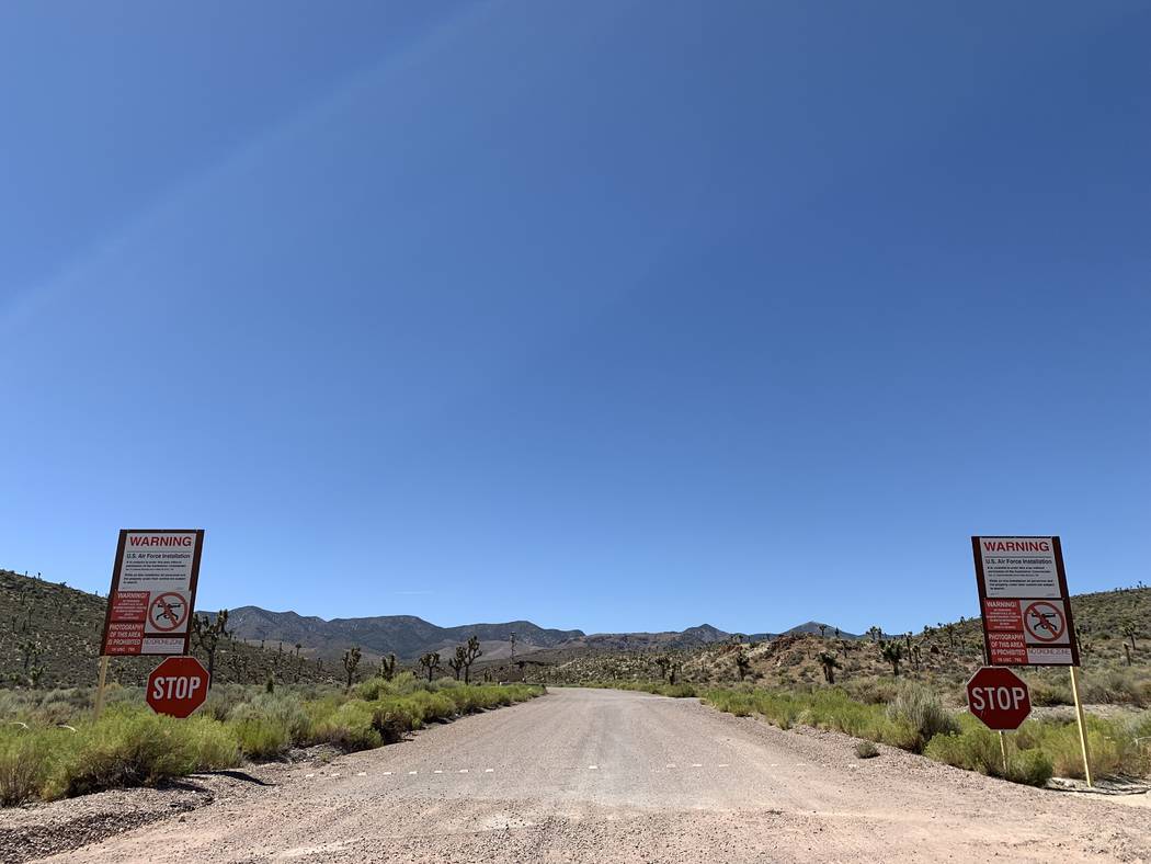 The front gates of Area 51 in Rachel, NV on July 16, 2019. (Mat Luschek / Review-Journal)