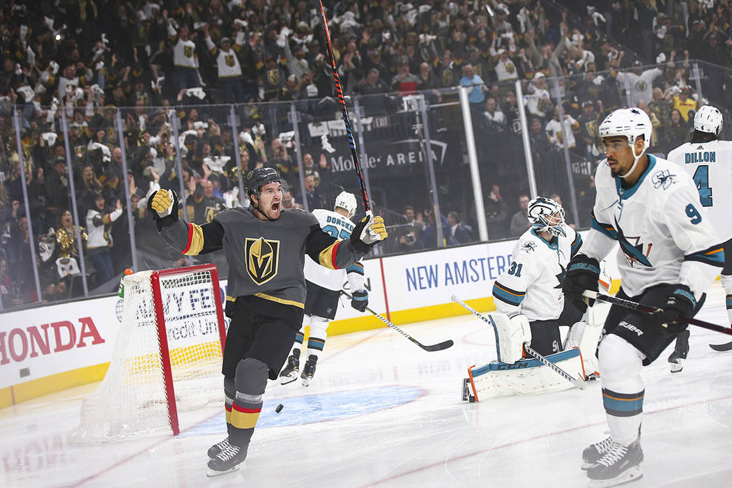 Golden Knights right wing Mark Stone (61) celebrates a goal by left wing Max Pacioretty, not pi ...