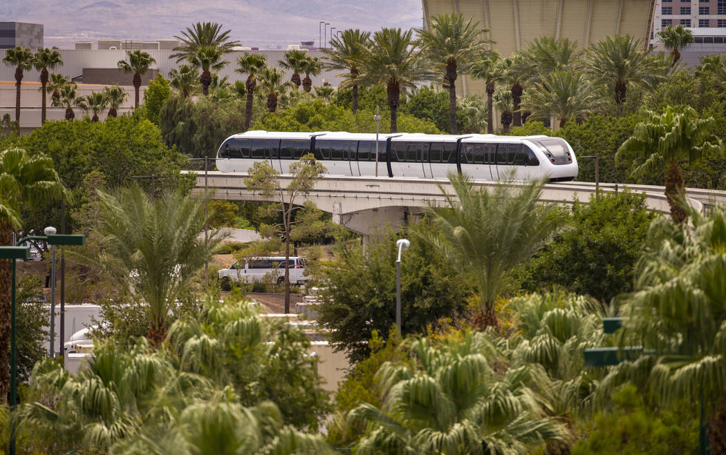 A train makes its way toward the Westgate Station along the Las Vegas Monorail system on Sunday ...