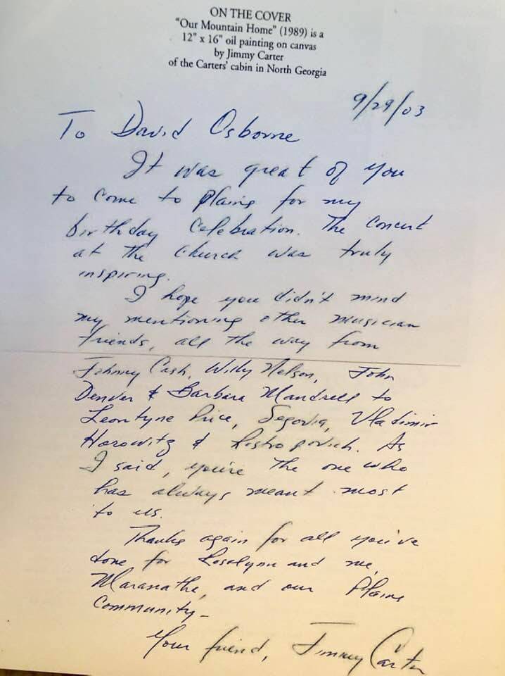 A letter written by Jimmy Carter to Bellagio pianist David Osborne in September 2003. (David Os ...