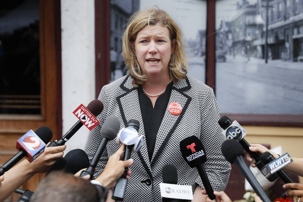 Dayton, Ohio, Mayor Nan Whaley speaks to members of the media Tuesday, Aug. 6, 2019, outside Ne ...