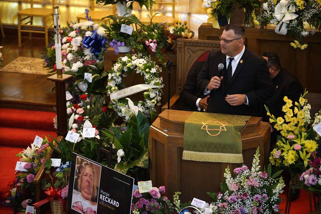 Dean Reckard, son of Margie Reckard, speaks about his mother's life during her funeral at La Pa ...