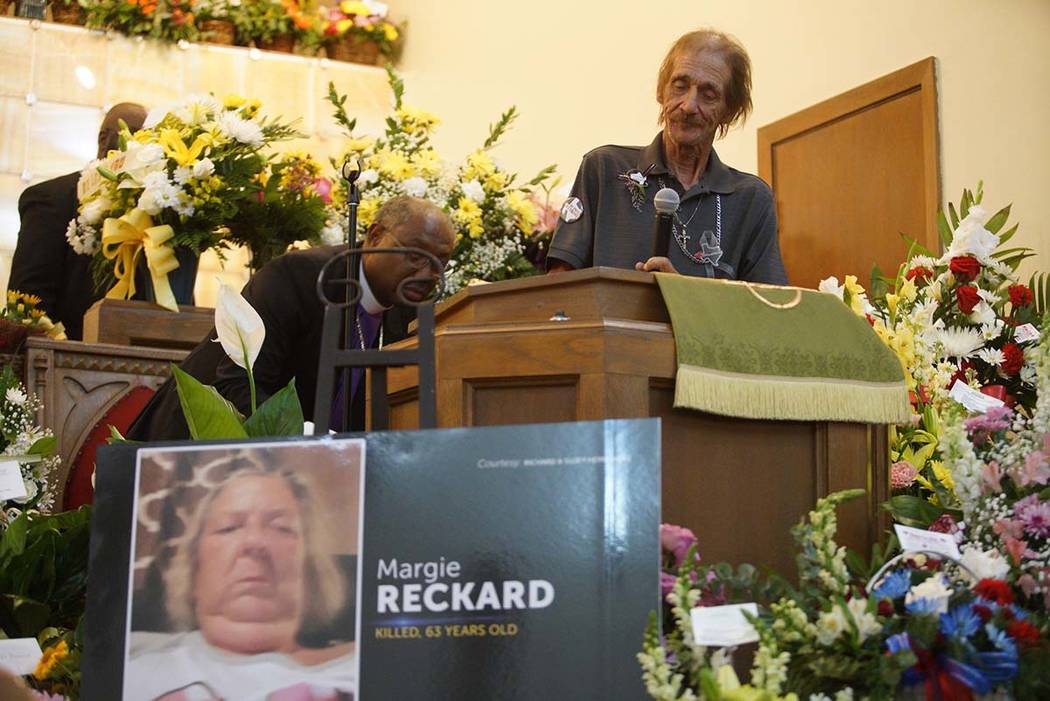 Antonio Bosco, husband of Margie Reckard, speaks about his wife during her funeral at La Paz Fa ...