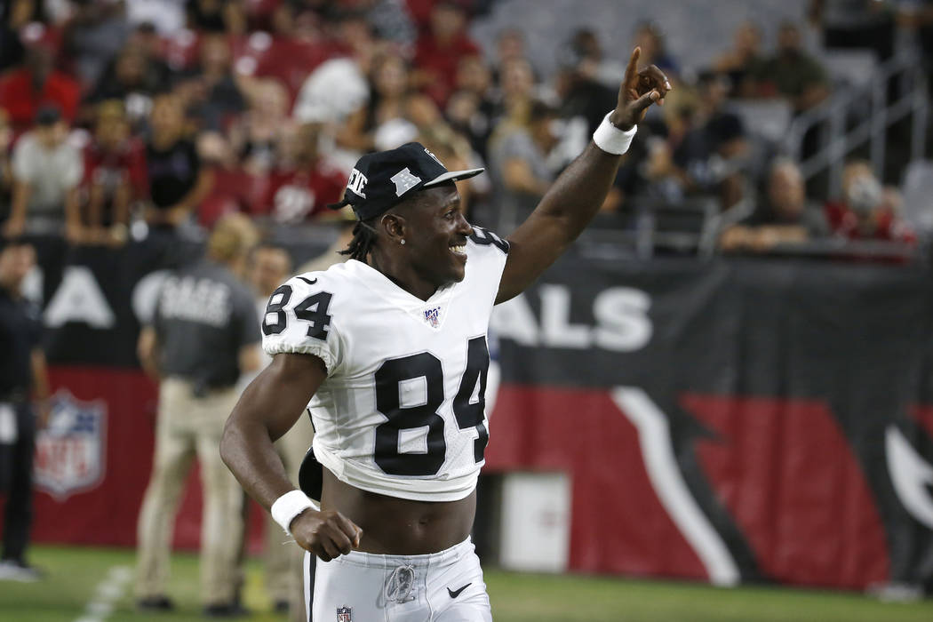 Oakland Raiders wide receiver Antonio Brown (84) during an an NFL preseason football game again ...