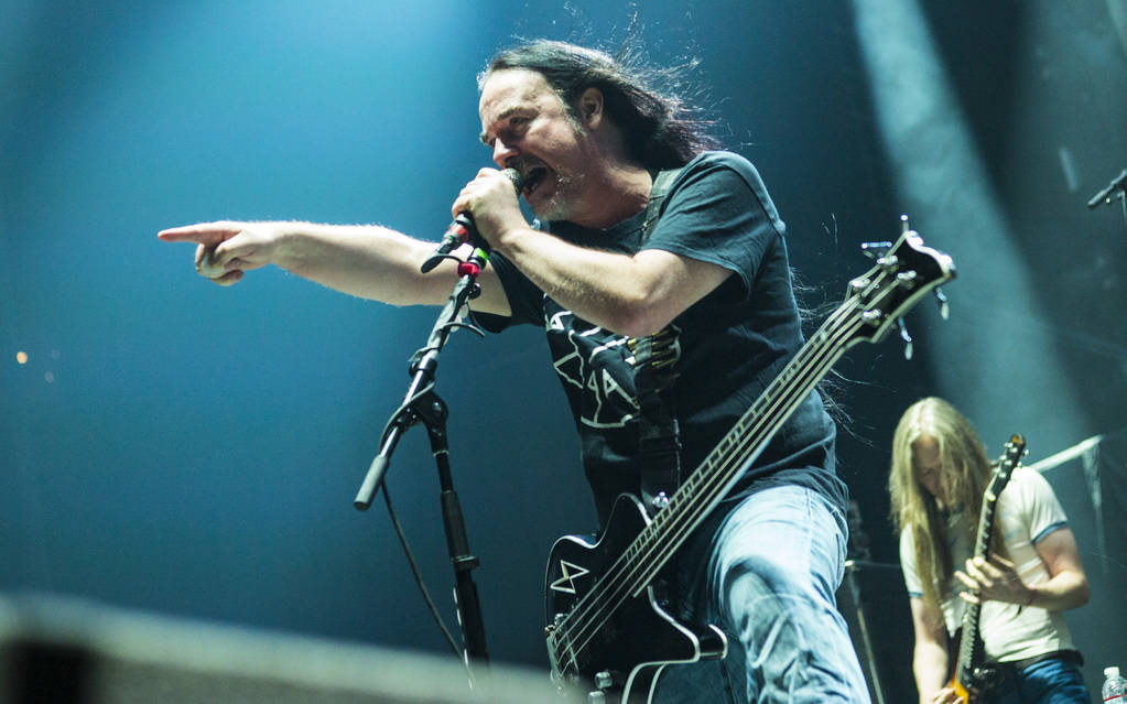 Jeff Walker, of Carcass, performs at the Mandalay Bay Events Center during the Psycho Las Vegas ...