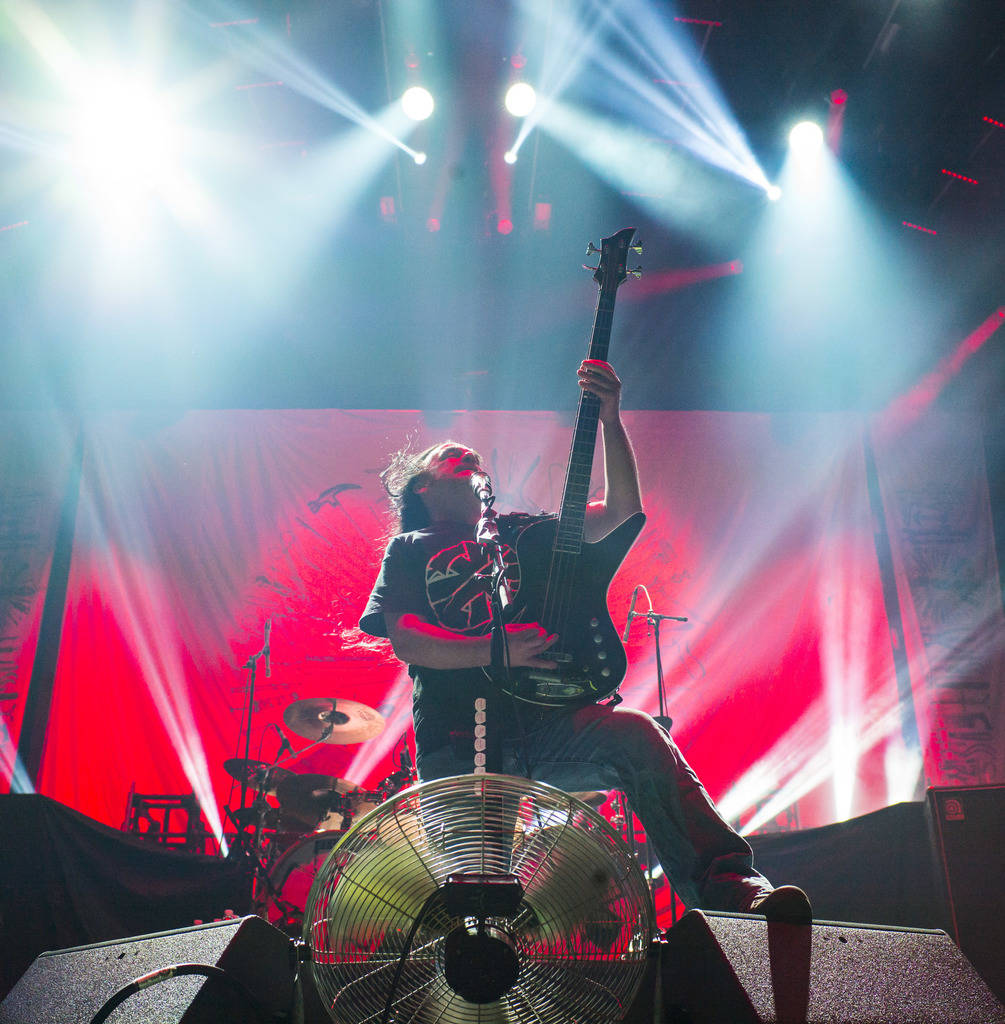 Jeff Walker, of Carcass, performs at the Mandalay Bay Events Center during the Psycho Las Vegas ...