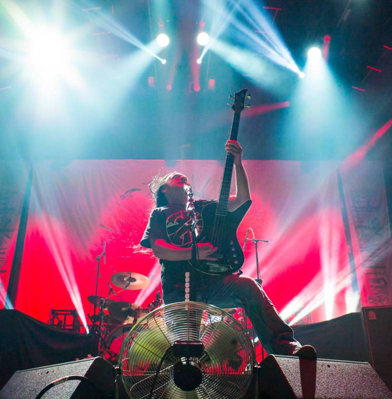 Jeff Walker, of Carcass, performs at the Mandalay Bay Events Center during the Psycho Las Vegas ...