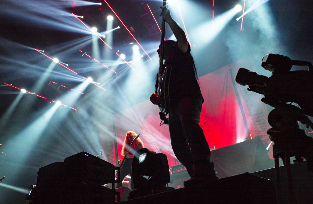 Jeff Walker, of Carcass, performs at the Mandalay Bay Events Center during the Psycho Las Vegas ...