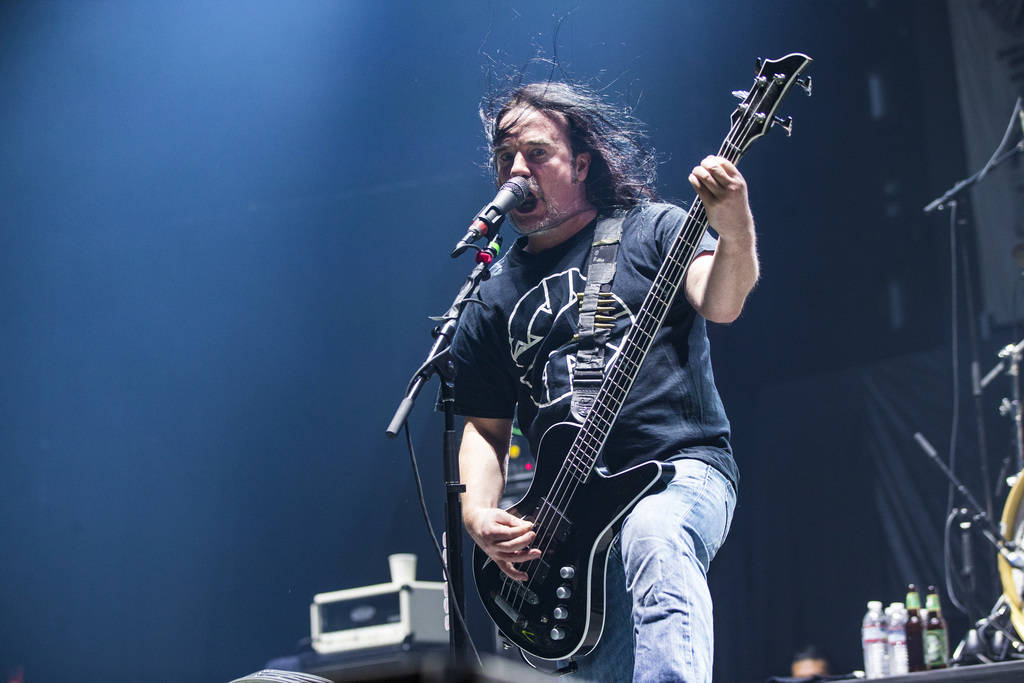 Jeff Walker, of Carcass, performs at the Mandalay Bay Events Center during the Psycho Las Vegas ...