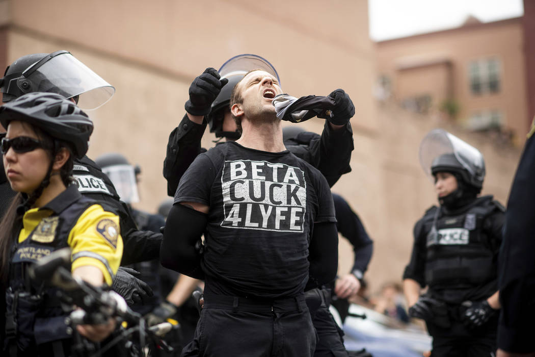 Police officers detain a protester against right-wing demonstrators following an "End Dome ...