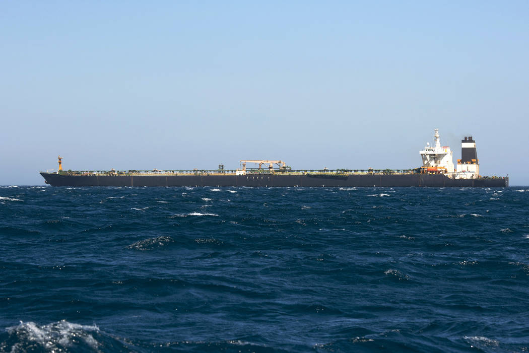 Renamed Adrian Aryra 1 super tanker hosting an Iranian flag in the British territory of Gibralt ...