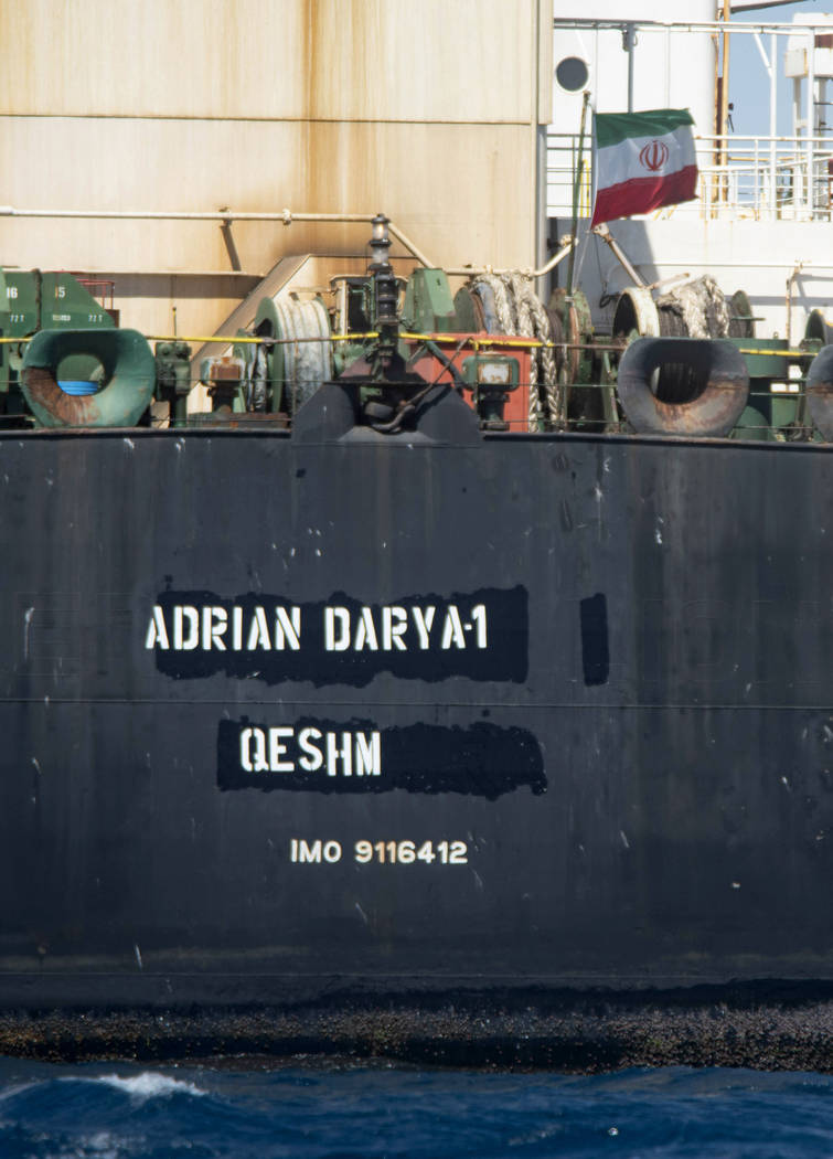 Renamed Adrian Aryra 1 super tanker hosting an Iranian flag, sails in the the waters of the Bri ...