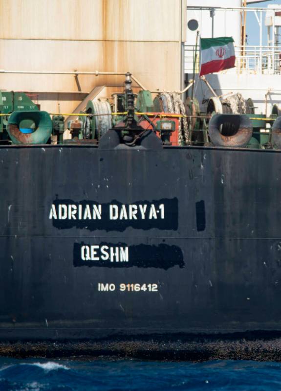 Renamed Adrian Aryra 1 super tanker hosting an Iranian flag, sails in the the waters of the Bri ...