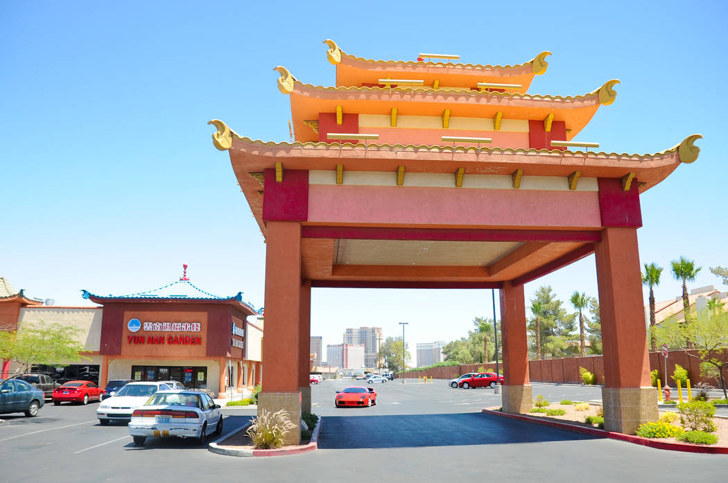 A pagoda style entry way adorns the south side of The Center at Spring Mountain in Las Vegas Mo ...