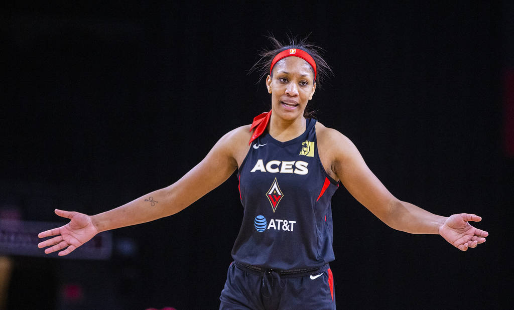 Las Vegas Aces center A'ja Wilson (22) is pleased with her performance over the Indiana Fever d ...