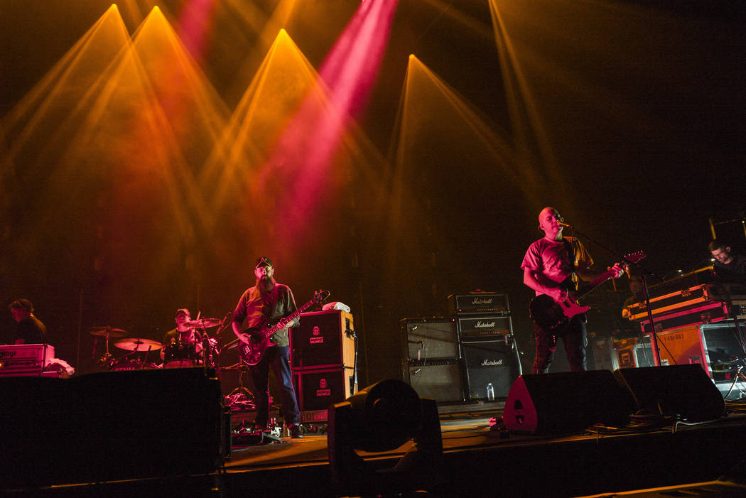 Dominic Aitchison, left, and Stuart Braithwaite, of Mogwai, perform at the Mandalay Bay Events ...