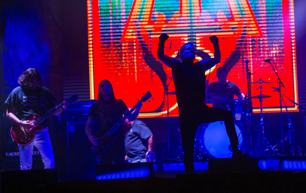 George Clarke, of Deafheaven, right, performs at the beach stage during the Psycho Las Vegas mu ...