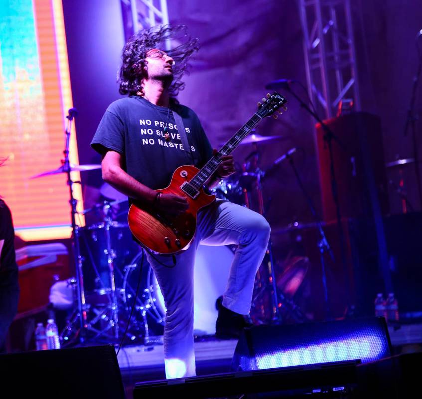 Shiv Mehra, of Deafheaven, performs at the beach stage during the Psycho Las Vegas music festiv ...