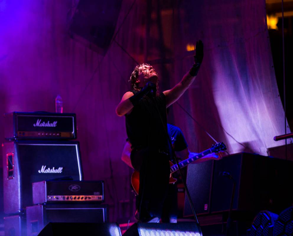 George Clarke, of Deafheaven, right, performs at the beach stage during the Psycho Las Vegas mu ...