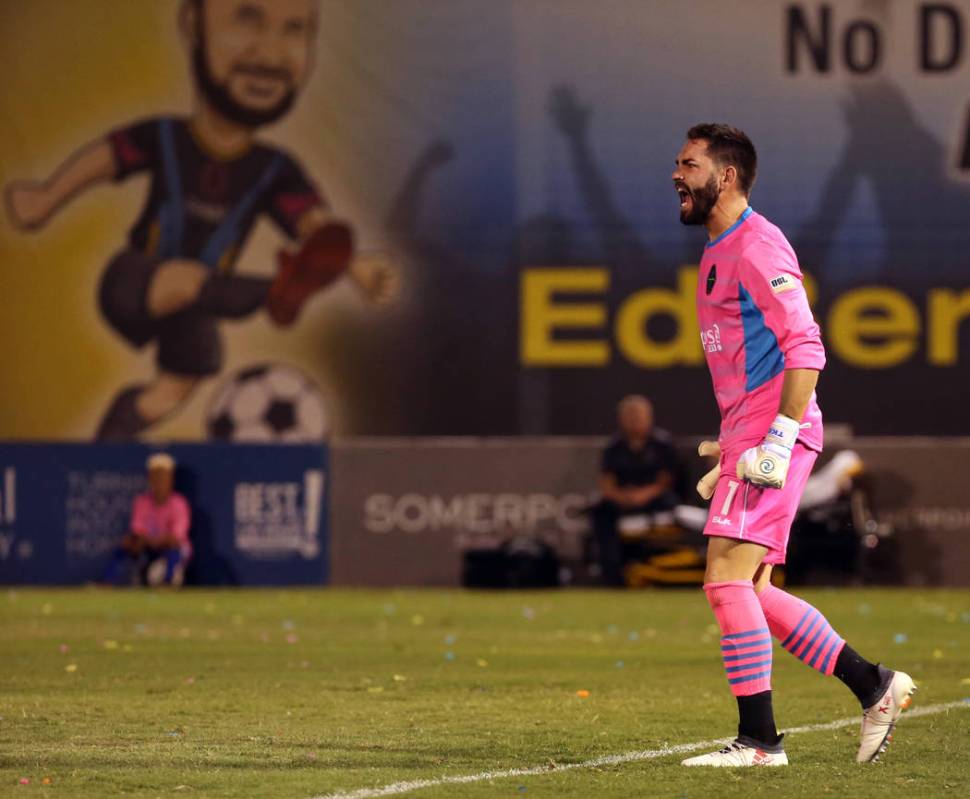 Las Vegas Lights FC goalkeeper Thomas Olsen (1) yells instructions to his teammates versus Port ...