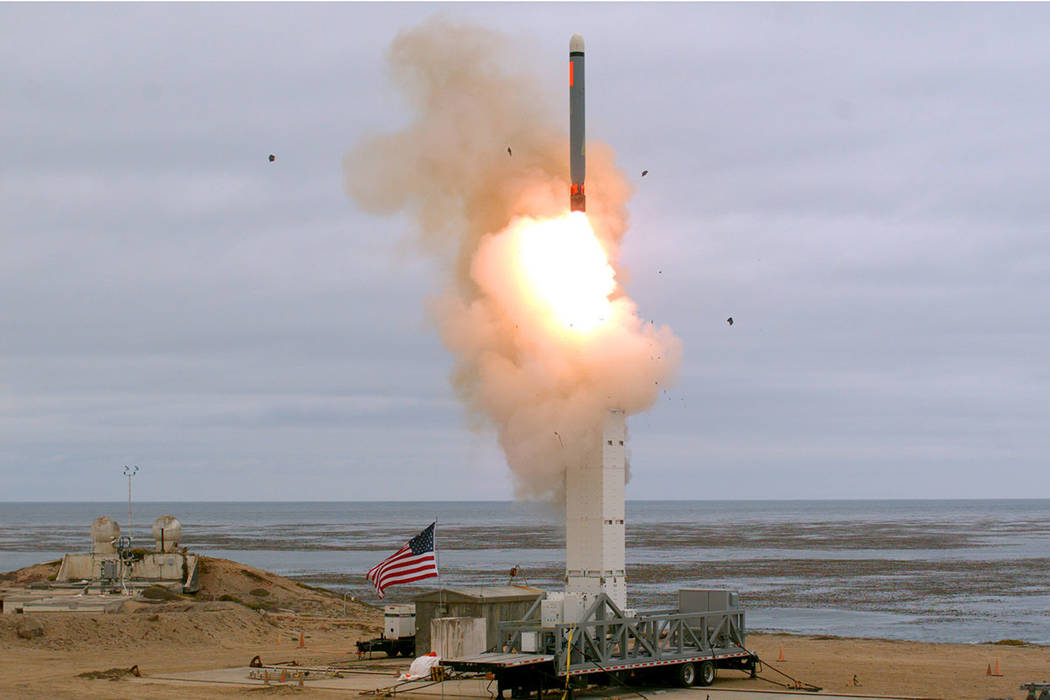 This Sunday, Aug. 18, 2019 photoprovided by the U.S. Defense Department shows the launch of a c ...