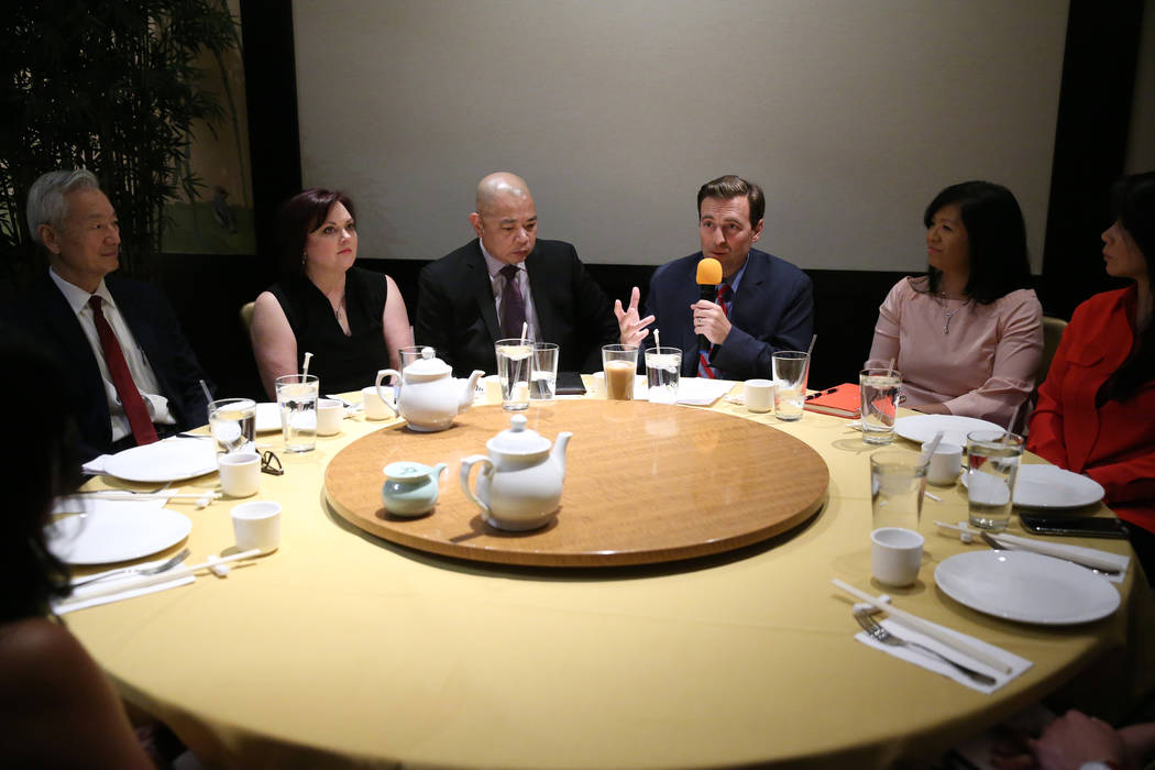 Former Nevada Attorney General Adam Laxalt, third from right, speaks during an economic roundta ...