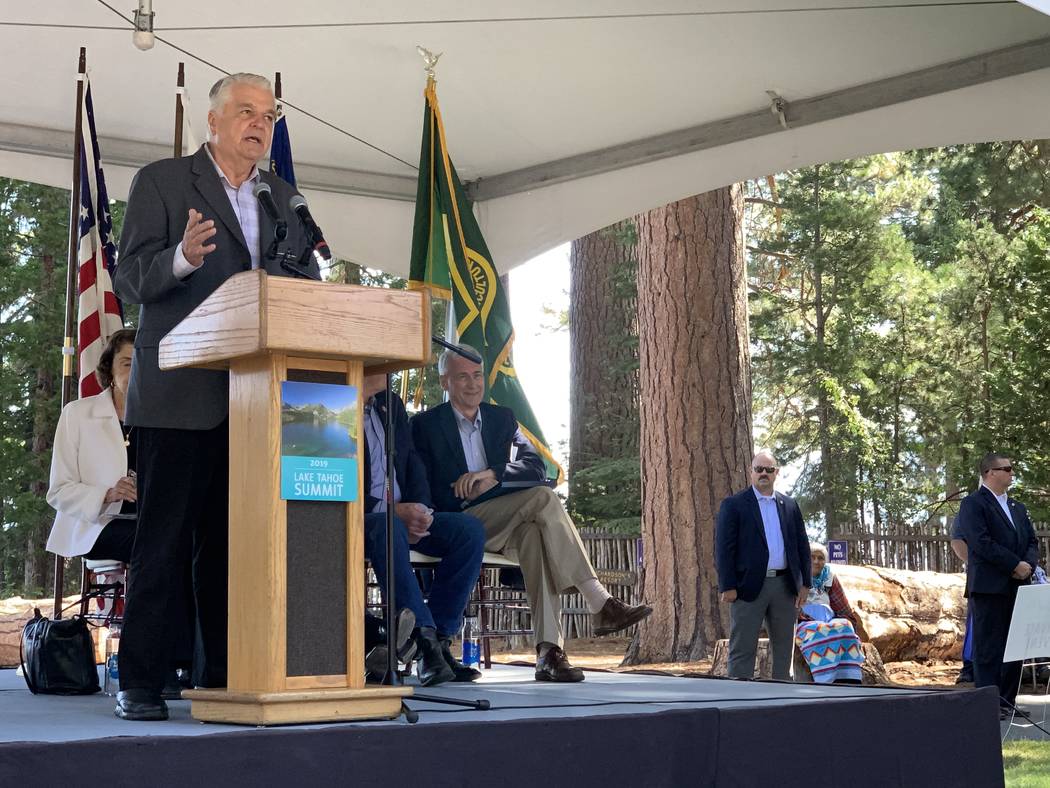 Nevada Gov. Steve Sisolak speaks at the 23rd annual Lake Tahoe Summit in South Lake Tahoe, Cali ...