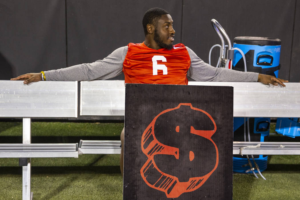 Rayshad Jackson (6) sits on the bench during the UNLV football team scrimmage at Sam Boyd Stadi ...