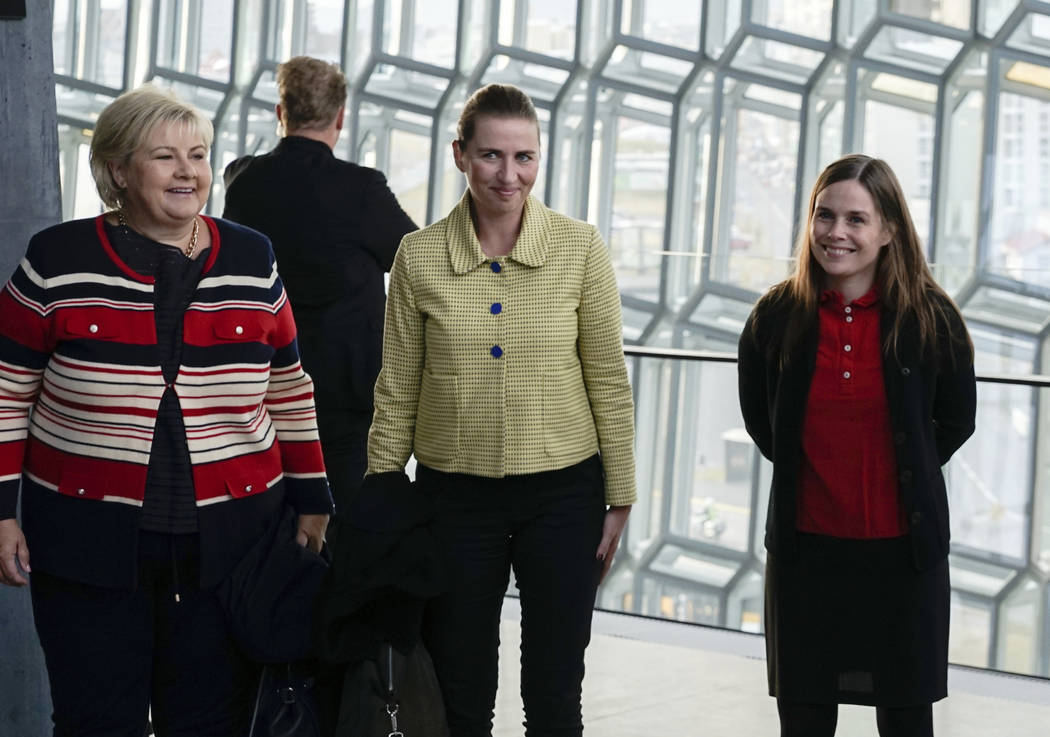 From left, Norway's Prime Minister Erna Solberg, Denmark's Prime Minister Mette Frederiksen and ...