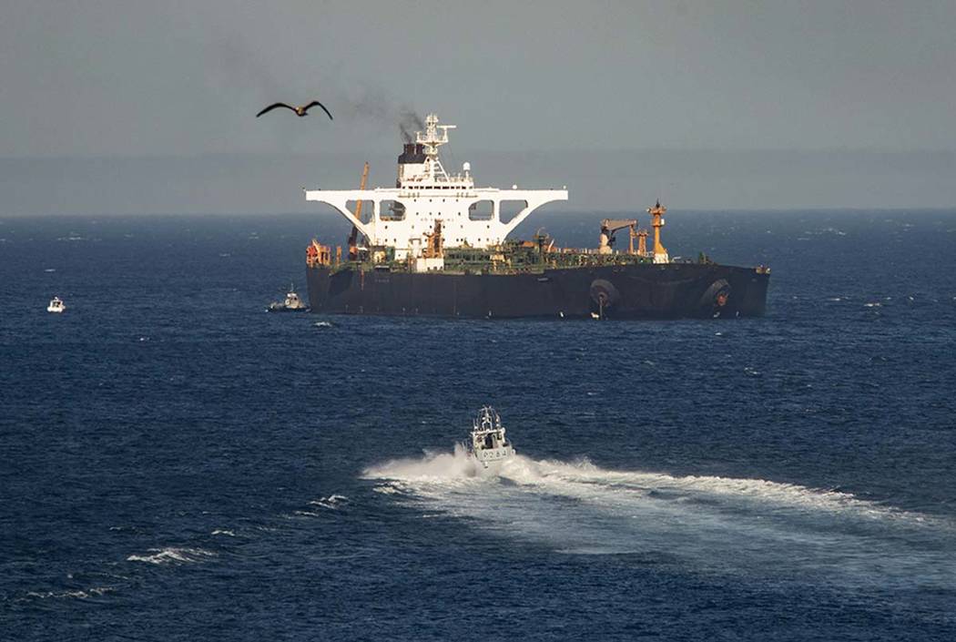 A supertanker hosting an Iranian flag is seen on the water in the British territory of Gibralta ...