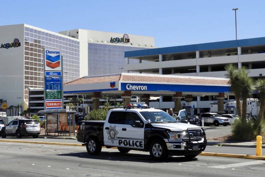 Metropolitan Police Department investigates an officer-involved shooting at the Aquarius Casino ...