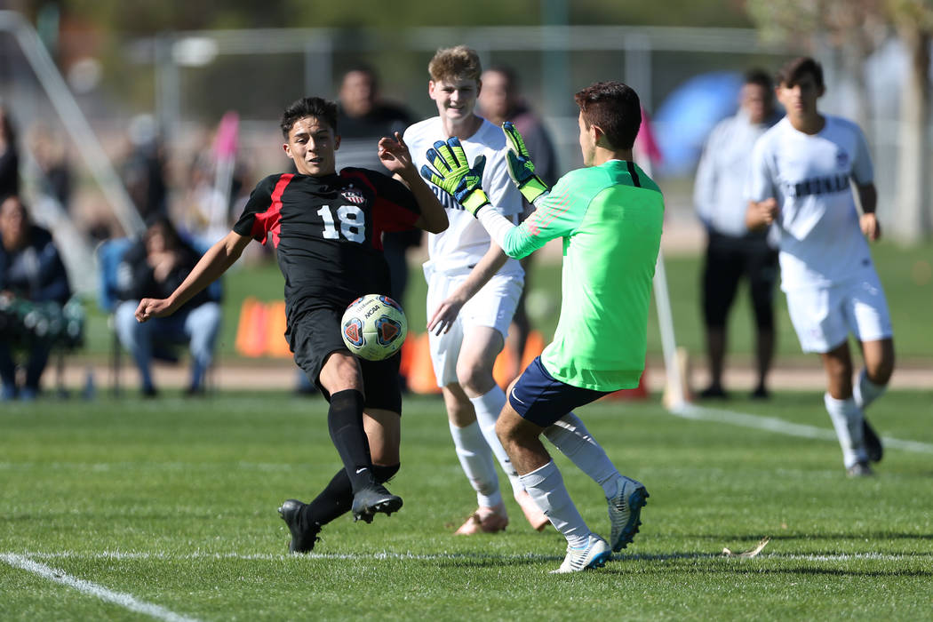 Las Vegas' Sergio Aguayo (18) goes for the ball during the second half against Coronado in the ...