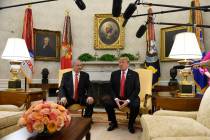 FILE - In this March 25, 2019, file photo, President Donald Trump, right, speaks as Israeli Pri ...