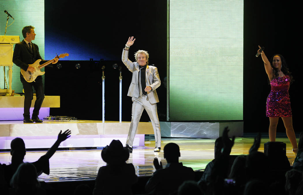 Rod Stewart takes the stage to perform in the Colosseum at Caesars Palace in Las Vegas on Nov. ...