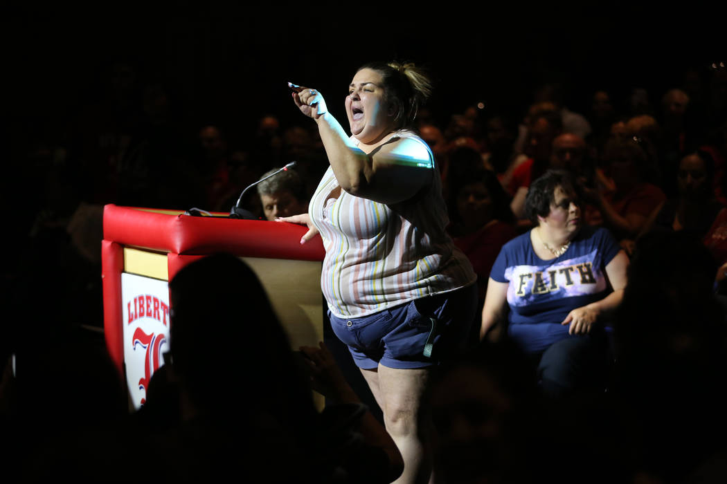 Kimberly Fillmore, parent of two students in the Clark County School District, yells during a C ...