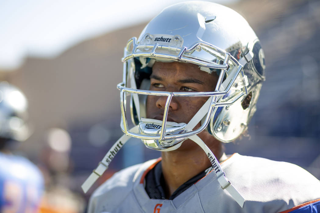 Bishop Gorman's wide receiver Michael Anderson (2) watches a scrimmage during practice at Bisho ...